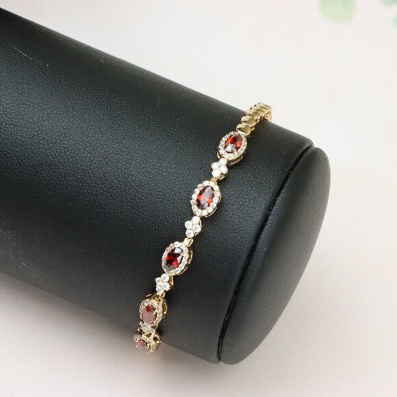 "Rose Gold Plated Red Oval Stone Bracelet with White Accents, XPBL0778 - Picture 3 of 11